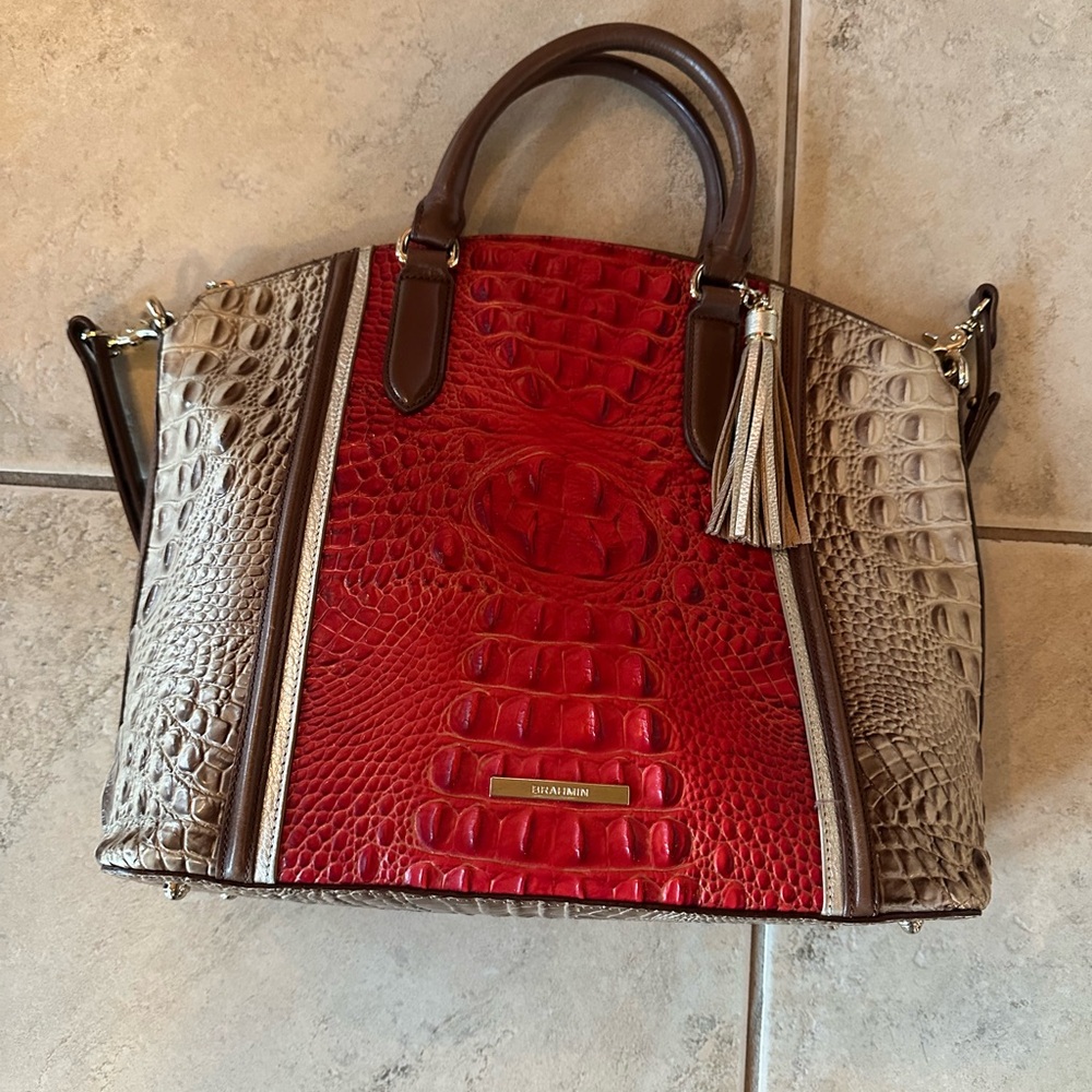 Brahmin Red and Brown Satchel with Croc-Embossed Design
